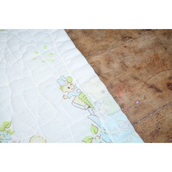 Vtg Baby Blanket Crib Quilted  42x32 Teddy Bears Satin trim Blocks beach balls - Picture 5 of 11